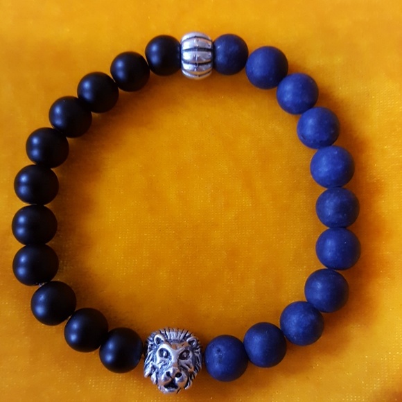 🖤🖤MENS BLACK&NAVY BLUE ONYX&LION HEAD BRACELET - Picture 6 of 7